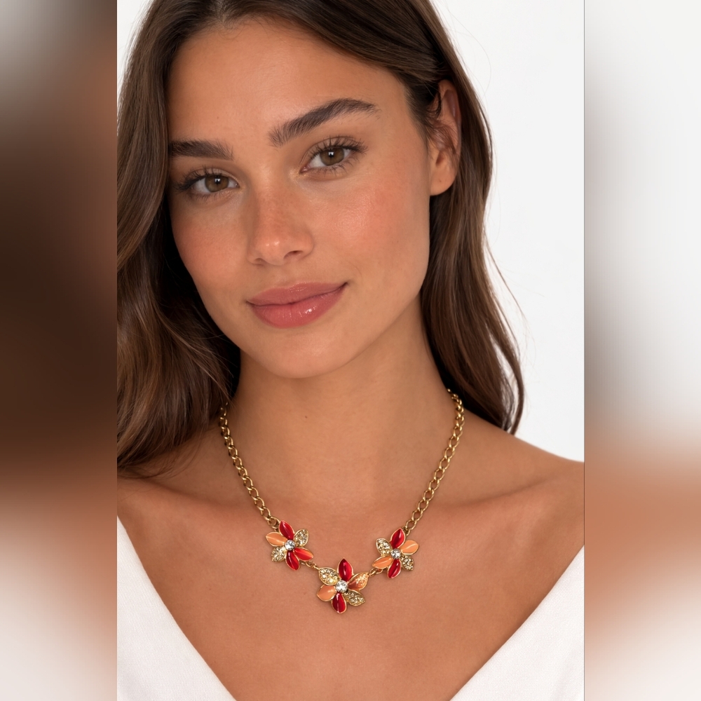 Gold Chain Necklace with  Floral Accents and Crystal Details